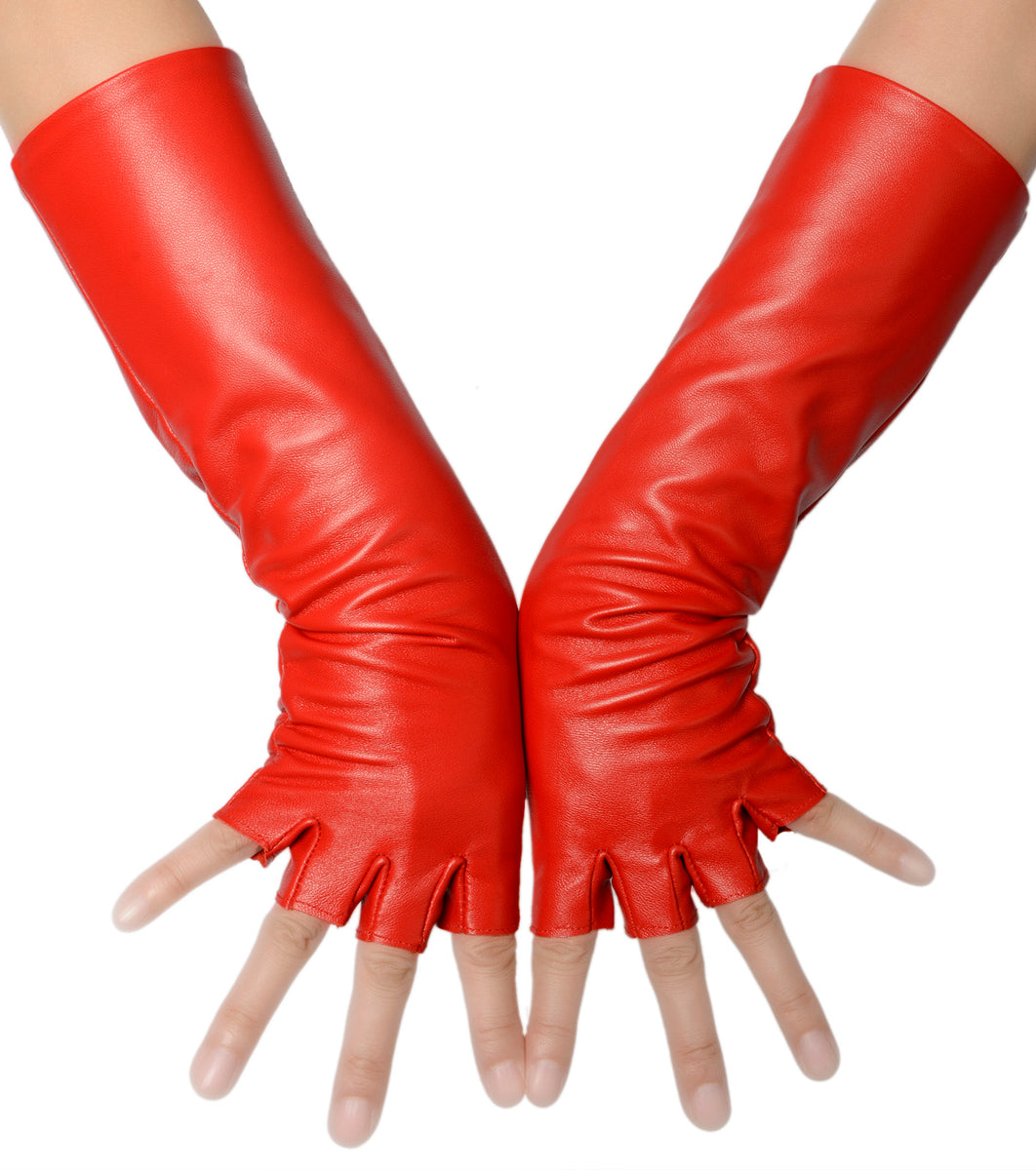 Womens Snakeskin Fingerless Leather Gloves, Wine Red / M