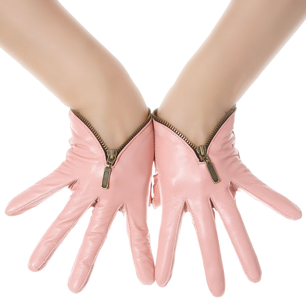 Sugar Pink Zip Leather Gloves