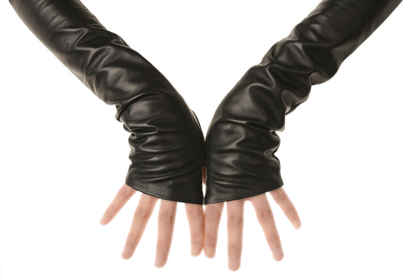 Long Black leather Fingerless Mitten Gloves